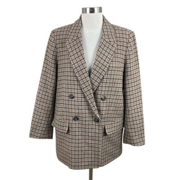 Everlane Re Wool Houndstooth Double Breasted Blazer Jacket Size 6 Neutral Brown - Picture 1 of 4